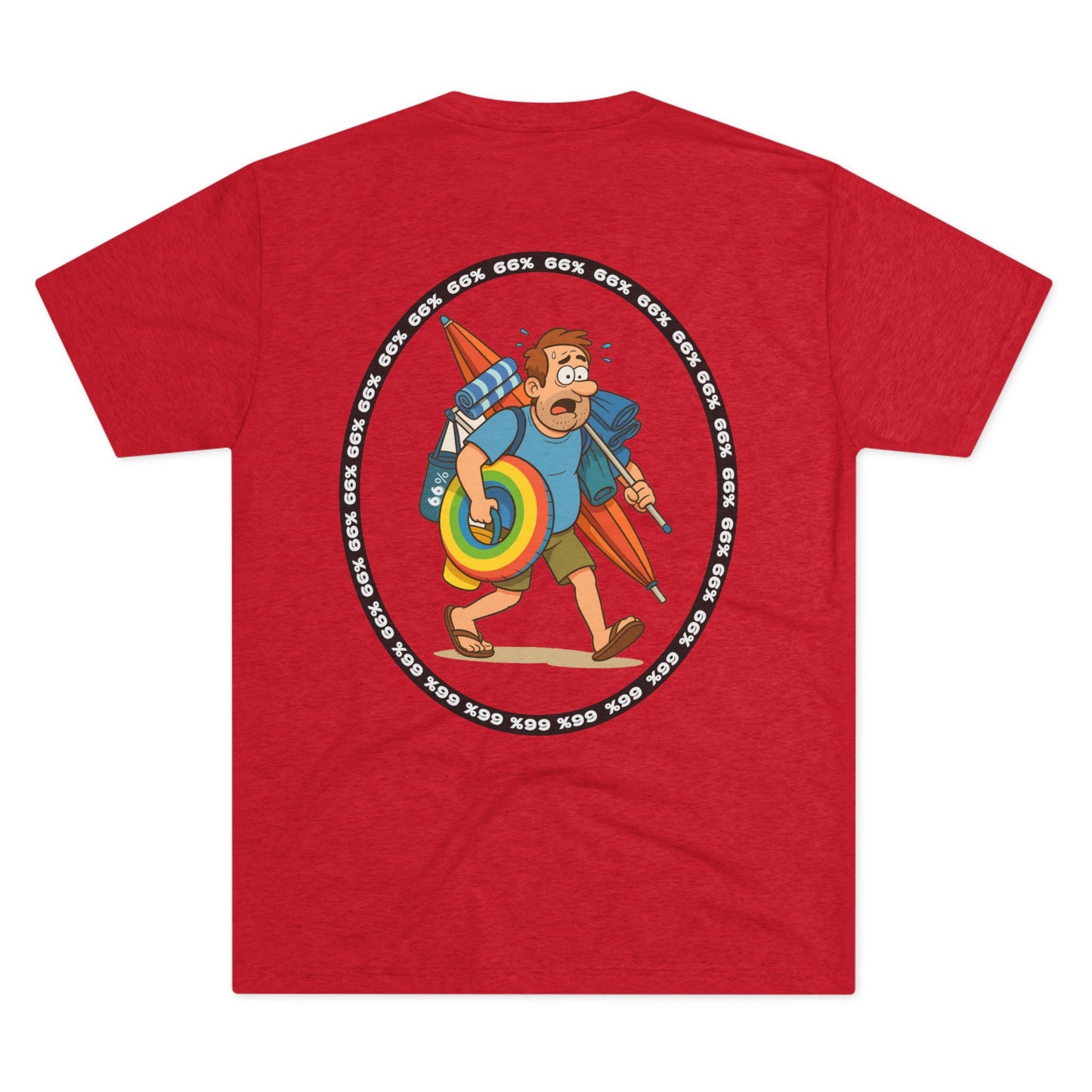 Retro 66% Charged Beach Dad Tri-Blend Tee (back view), featuring a humorous cartoon dad carrying beach gear enclosed in a bold circular ‘66%’ frame