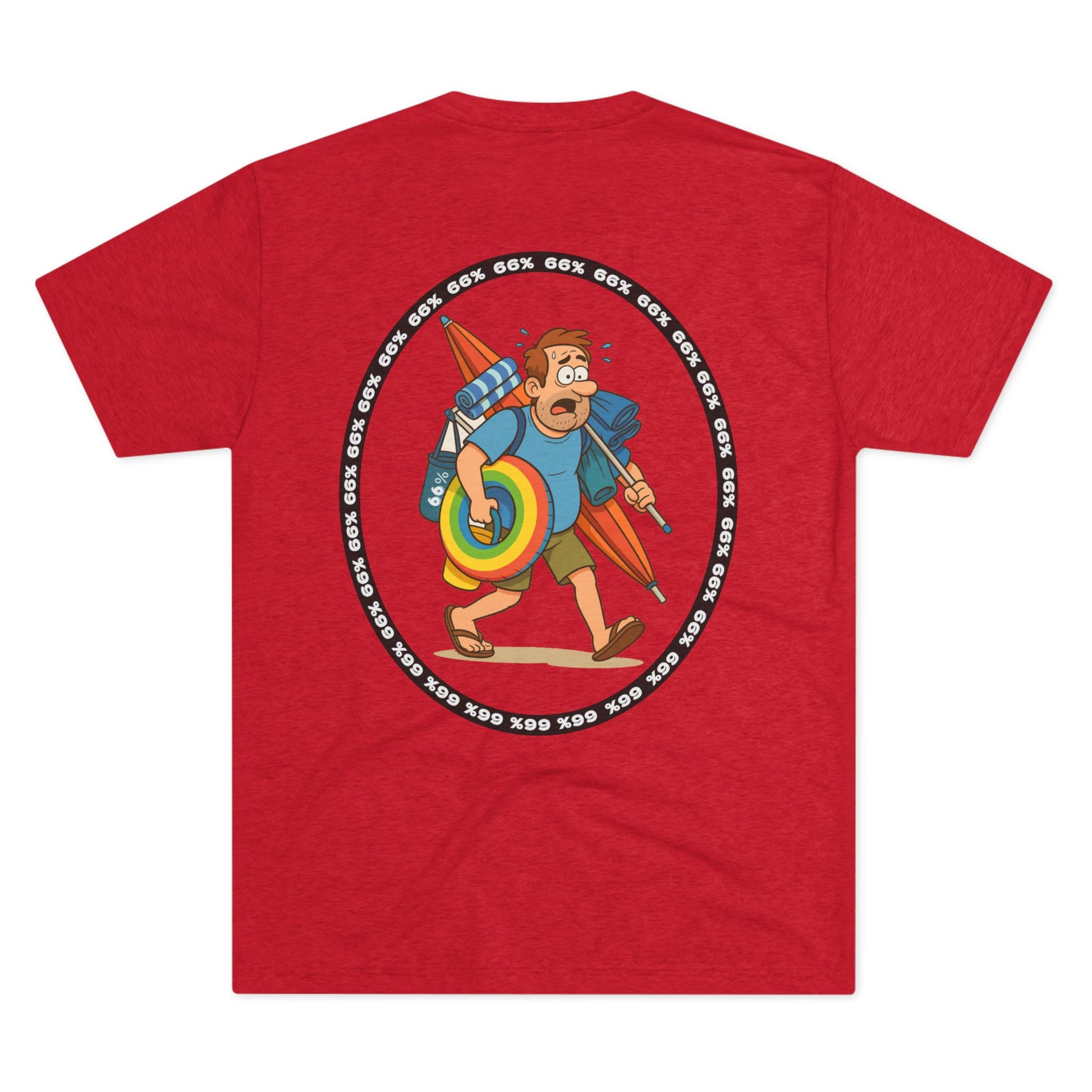 Retro 66% Charged Beach Dad Tri-Blend Tee (back view), featuring a humorous cartoon dad carrying beach gear enclosed in a bold circular ‘66%’ frame