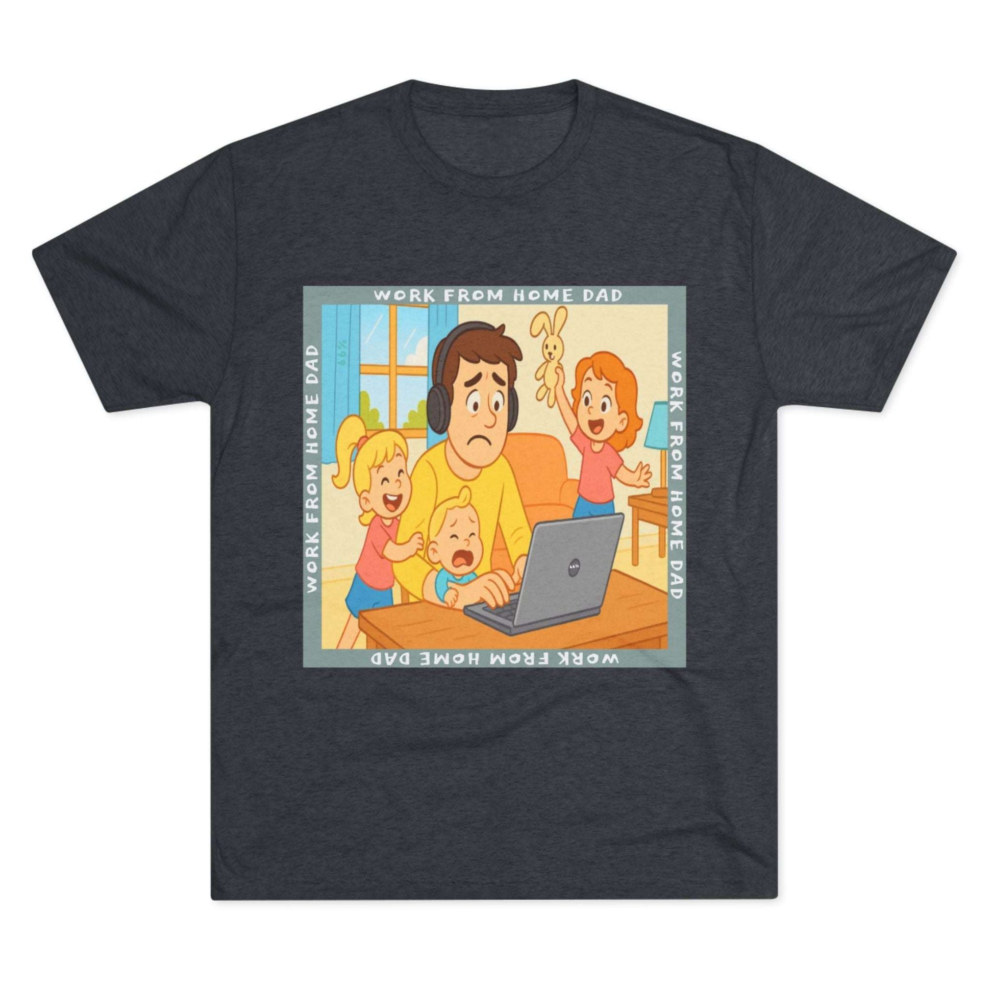 Work From Home Dad 66% Tri-Blend Tee — graphic tee flat-lay, cartoon dad with headphones typing on 66% laptop, three kids demanding attention, green WORK FROM HOME DAD square border, casual unisex style.