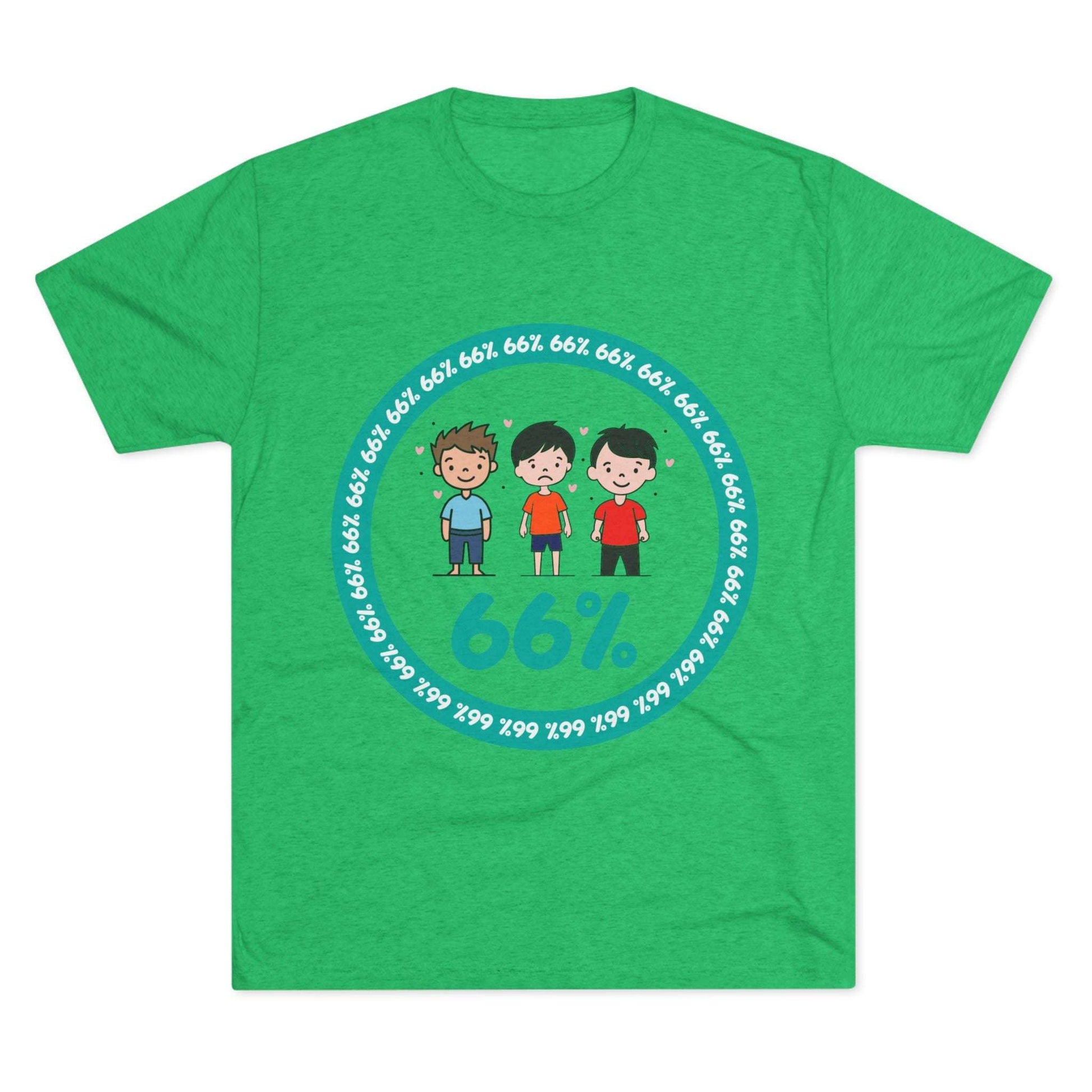 Flat-lay of tri-blend tee with three cartoon boys inside a teal 66% circle and repeating 66% border