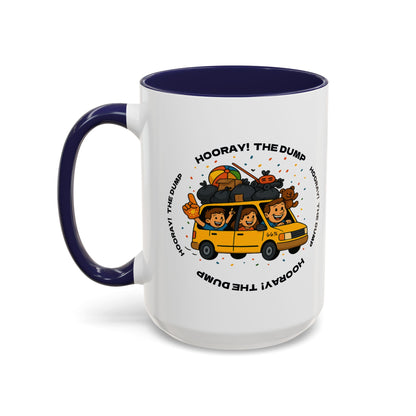 Cartoon yellow “66%” minivan mug decal with roof piled high in trash bags, lawnmower and beach ball, plus a smiling dad and two waving daughters amid confetti.