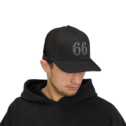 Mesh-back trucker hat with distressed ‘66’ printed on the front panel