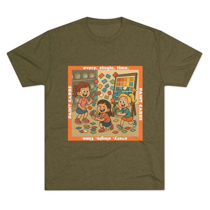 Paint Cards Every Single Time 66% Tri-Blend Tee — graphic t-shirt, flat-lay with cartoon kids and paint swatches, orange bordered square design, casual unisex style