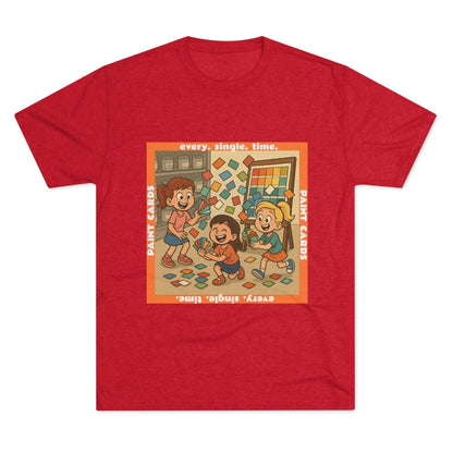 Paint Cards Every Single Time 66% Tri-Blend Tee — graphic t-shirt, flat-lay with cartoon kids and paint swatches, orange bordered square design, casual unisex style