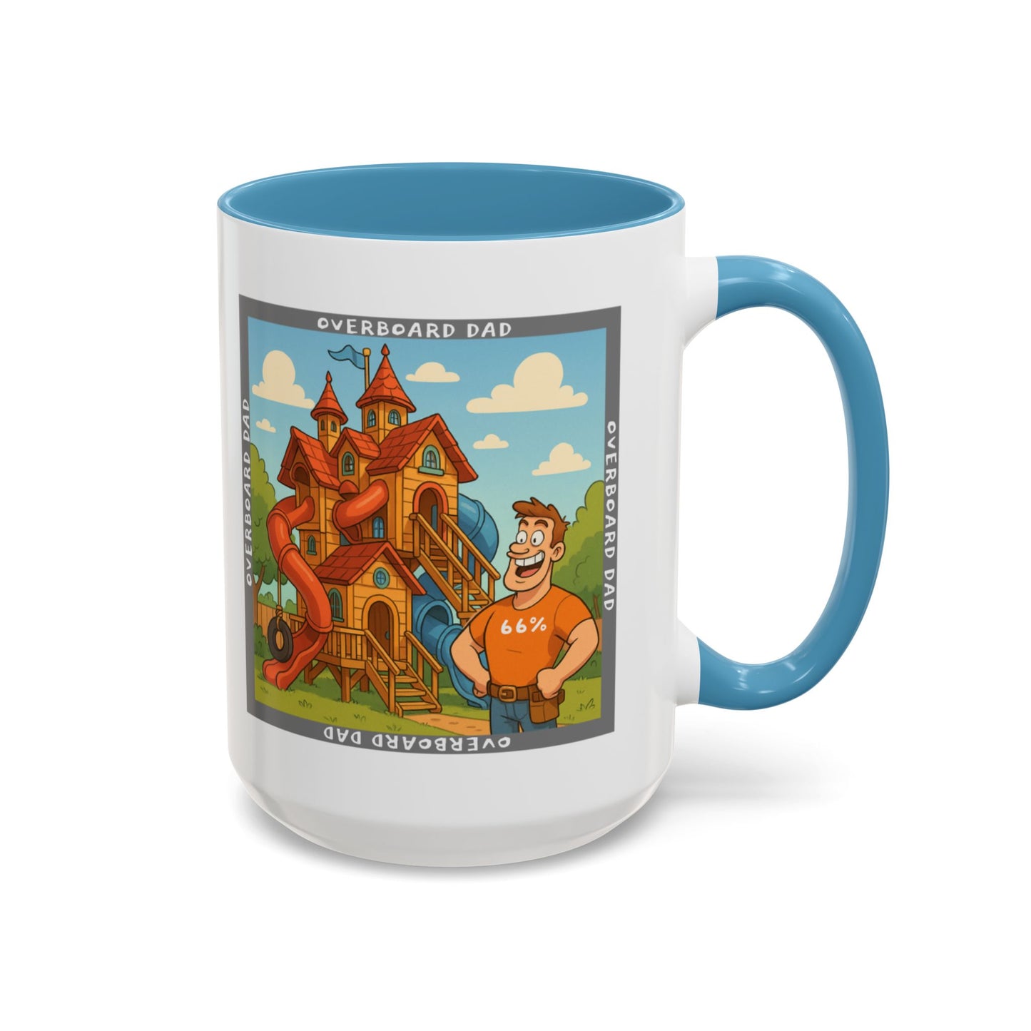 White ceramic mug printed with a cartoon dad wearing a ‘66%’ shirt standing beside a multi-level wooden playhouse with twisting slides, framed by the text ‘OVERBOARD DAD’.