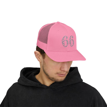 Mesh-back trucker hat with distressed ‘66’ printed on the front panel