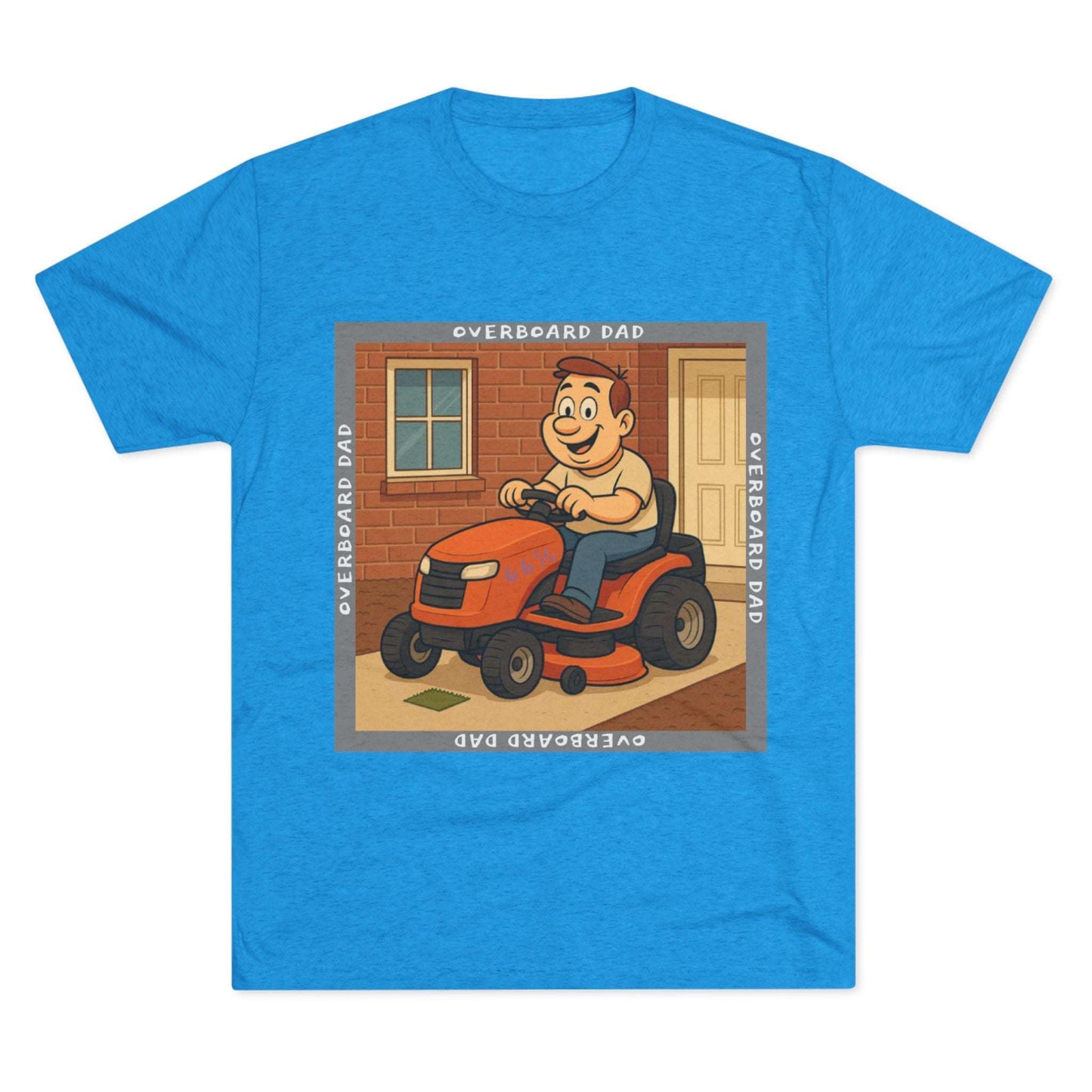 Overboard Dad Mower 66% Tri-Blend Tee — graphic tee, flat-lay with cartoon dad on ride-on mower, gray ‘OVERBOARD DAD’ square border, 66% decal, casual vintage style.
