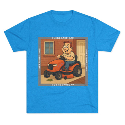 Overboard Dad Mower 66% Tri-Blend Tee — graphic tee, flat-lay with cartoon dad on ride-on mower, gray ‘OVERBOARD DAD’ square border, 66% decal, casual vintage style.