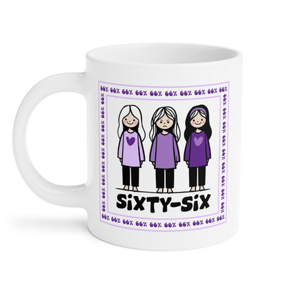 Coffee mug printed with a purple-bordered illustration: three girls in matching purple tops (one looking unhappy), encircled by ‘66%’ text, and the caption ‘SIXTY-SIX’ underneath.
