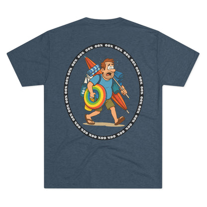 Tri-blend tee featuring large central circular graphic of overwhelmed ‘Beach Dad’ loaded down with chairs, umbrella, floatie and towels, with ‘66% beach dad’ ring