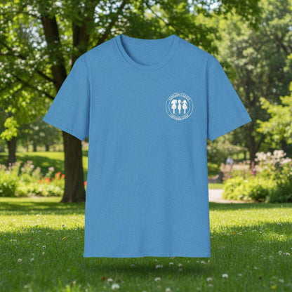 Blue t-shirt with a logo on the chest against a white background