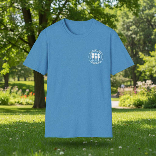 Blue t-shirt with a logo on the chest against a white background