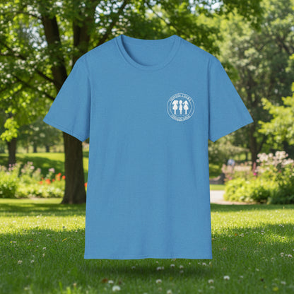 Blue t-shirt with a logo on the chest against a white background