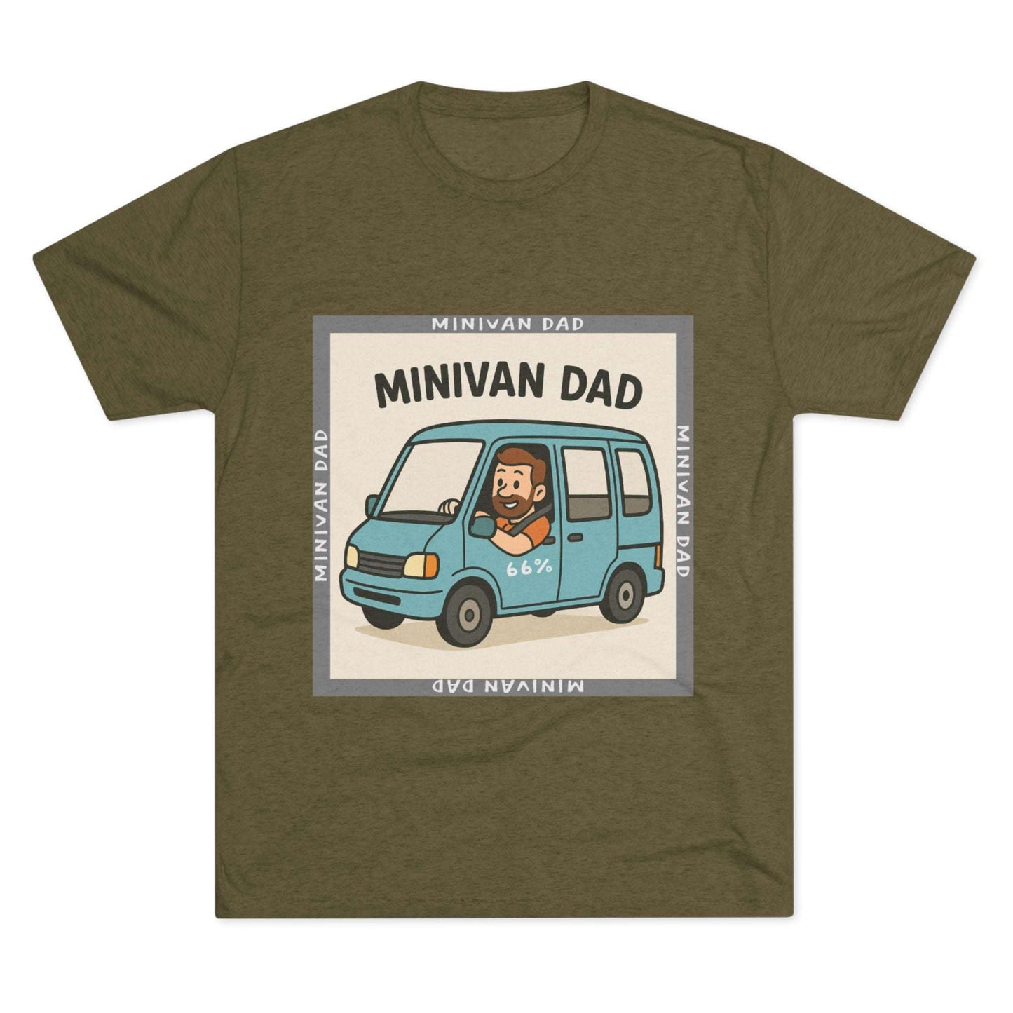 Minivan Dad 66% Tri-Blend Tee — graphic tee flat-lay, cartoon dad driving blue minivan, ‘66%’ decal, gray ‘MINIVAN DAD’ square border, casual unisex style.