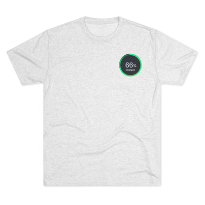 Retro 66% Charged Tri-Blend Tee, showing a vibrant green circular battery gauge reading “66% Charged”
