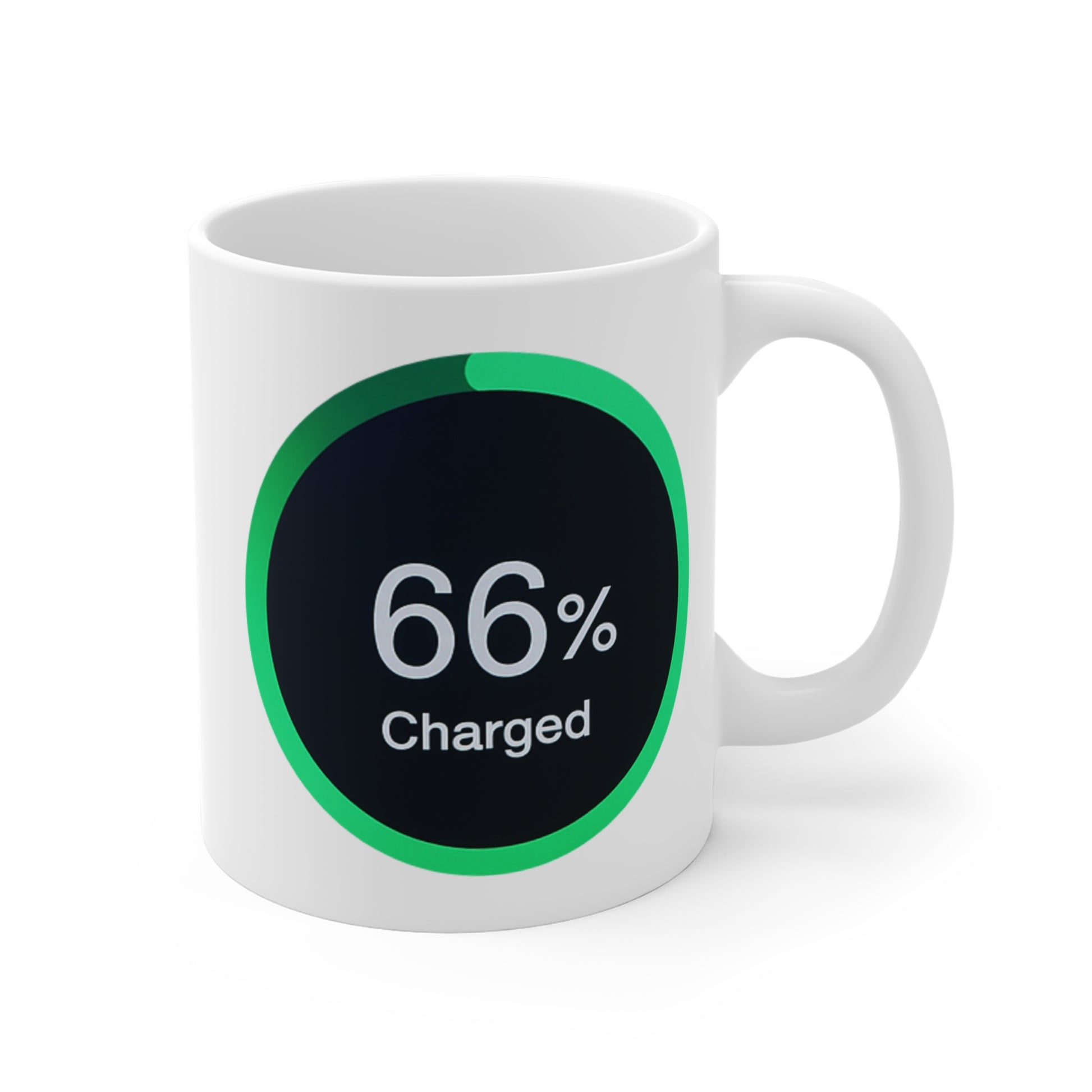 Mug displaying a green-ringed power meter icon reading 66% charged on a black background.