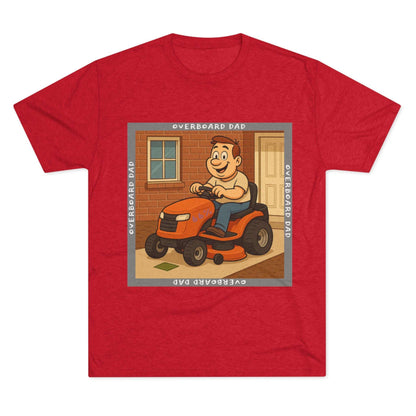 Overboard Dad Mower 66% Tri-Blend Tee — graphic tee, flat-lay with cartoon dad on ride-on mower, gray ‘OVERBOARD DAD’ square border, 66% decal, casual vintage style.