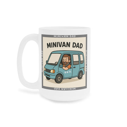 Novelty Minivan Dad coffee mug: white ceramic cup printed with a cheerful father behind the wheel of his minivan and repeating ‘Minivan Dad’ border text.