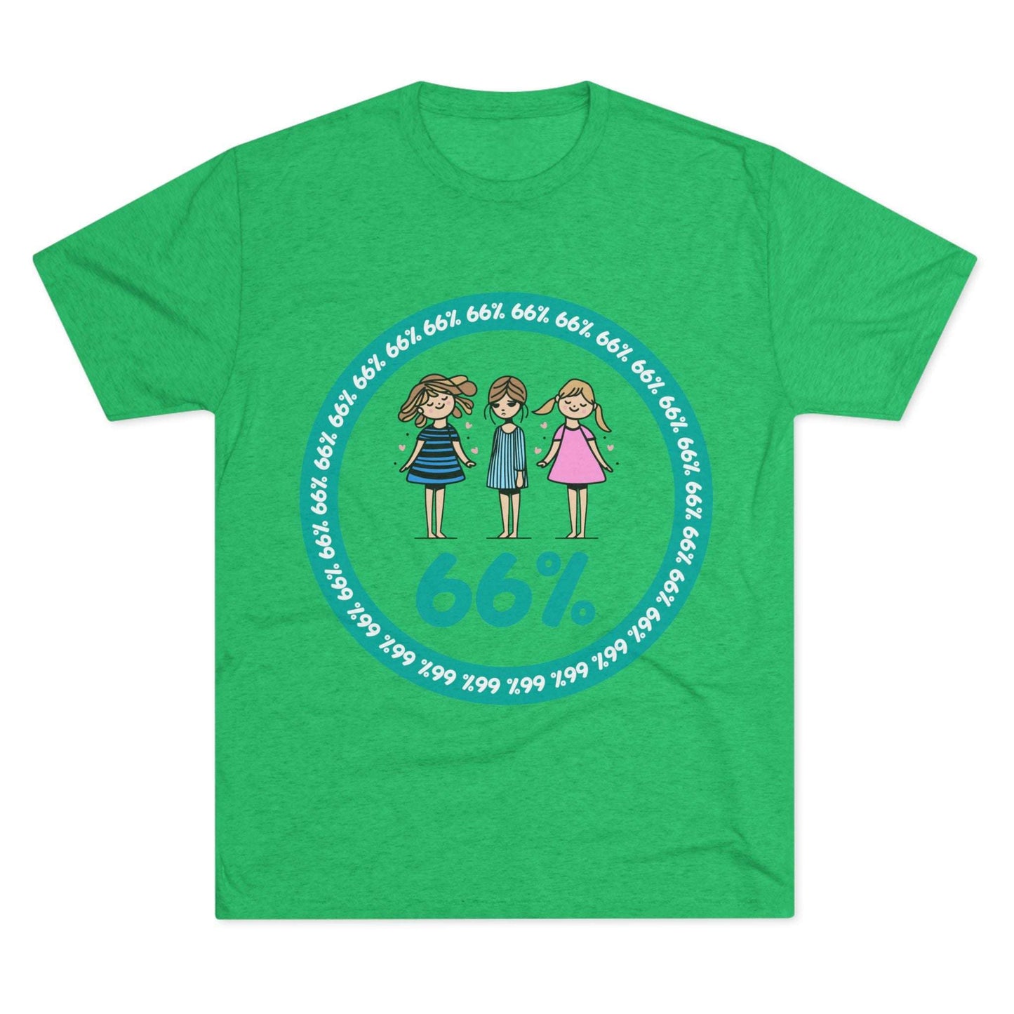 Flat-lay of tri-blend tee with three cartoon girls inside a teal 66% circle and repeating 66% border