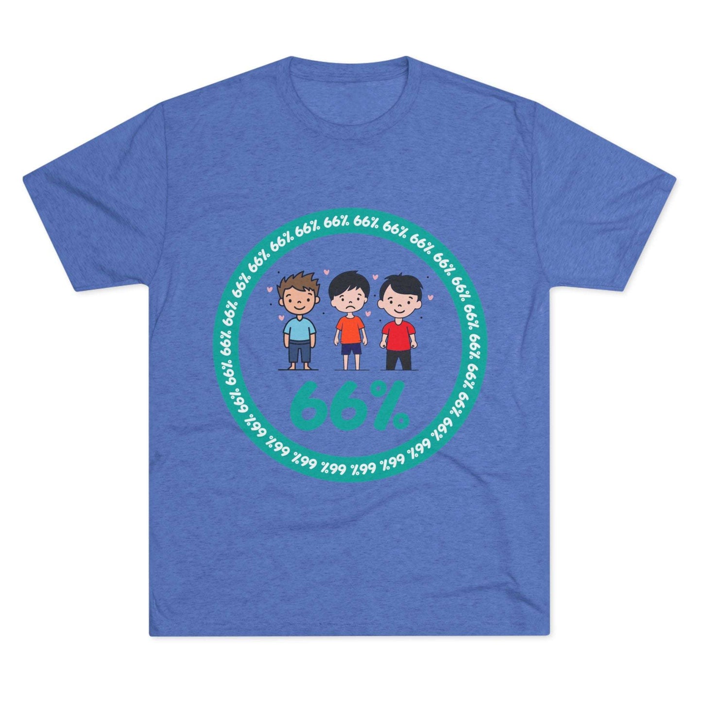 Flat-lay of tri-blend tee with three cartoon boys inside a teal 66% circle and repeating 66% border