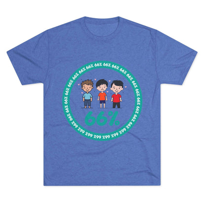 Flat-lay of tri-blend tee with three cartoon boys inside a teal 66% circle and repeating 66% border