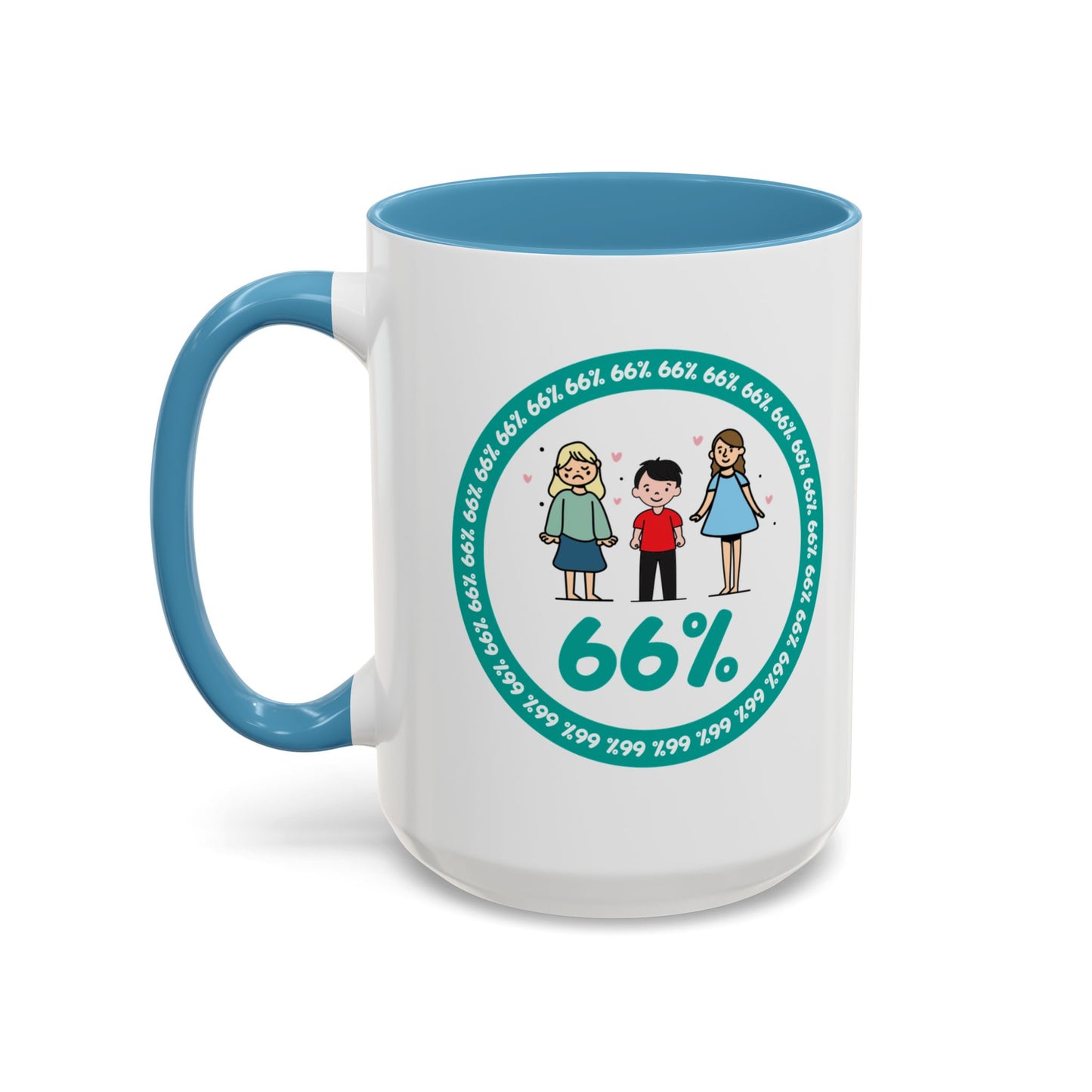 White mug with light blue handle showing a graphic: a teal circle of repeating ‘66%’ text, three cartoon kids inside the circle, and a prominent ‘66%’ at the bottom.