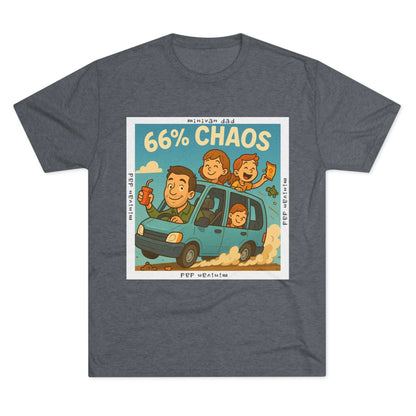 Cartoon dad driving minivan with three excited kids and snacks flying, “66% Chaos” design on dark heather tee – 66 Percent parenting apparel