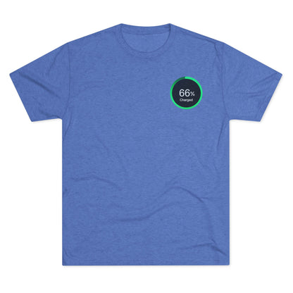 Retro 66% Charged Tri-Blend Tee, showing a vibrant green circular battery gauge reading “66% Charged”