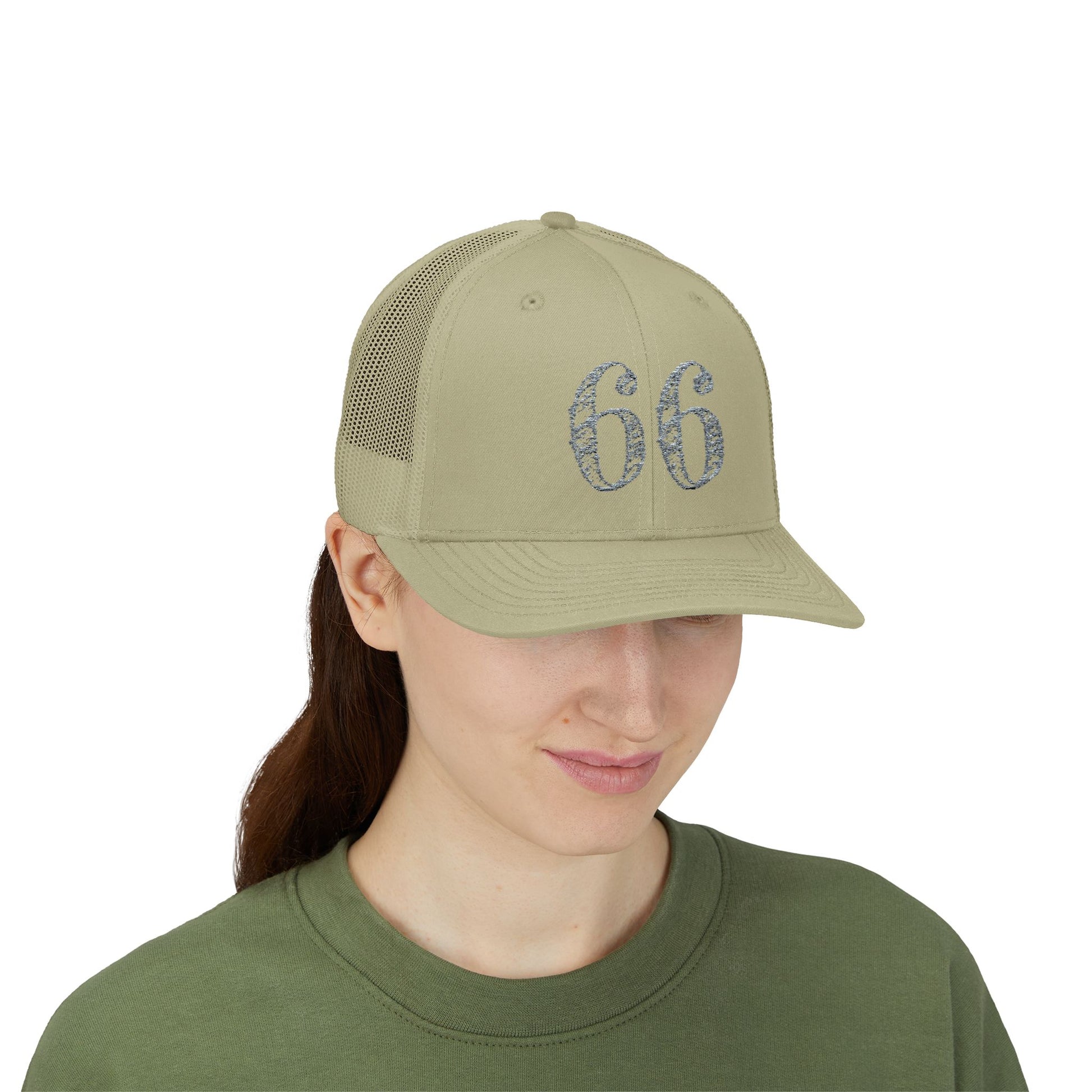 Mesh-back trucker hat with distressed ‘66’ printed on the front panel