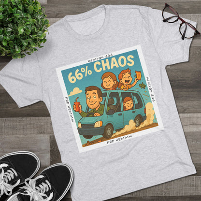 Cartoon dad driving minivan with three excited kids and snacks flying, “66% Chaos” design on dark heather tee – 66 Percent parenting apparel