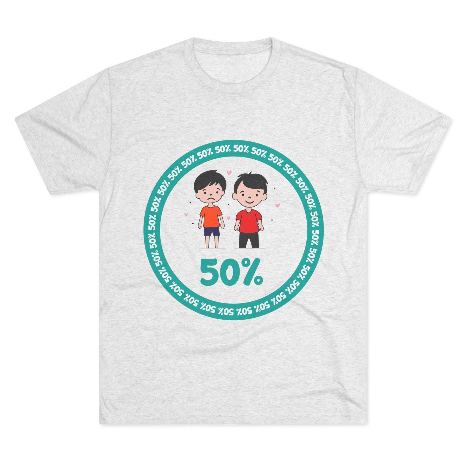 Original Boy Boy 50% Tri-Blend Tee — graphic t-shirt flat-lay, cartoon siblings inside teal 50% circle, repeating 50% pattern, bold 50% text, casual unisex style.
