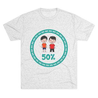 Original Boy Boy 50% Tri-Blend Tee — graphic t-shirt flat-lay, cartoon siblings inside teal 50% circle, repeating 50% pattern, bold 50% text, casual unisex style.