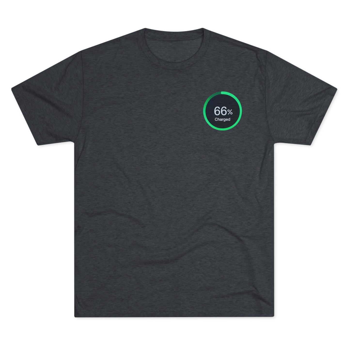Retro 66% Charged Tri-Blend Tee, showing a vibrant green circular battery gauge reading “66% Charged” 