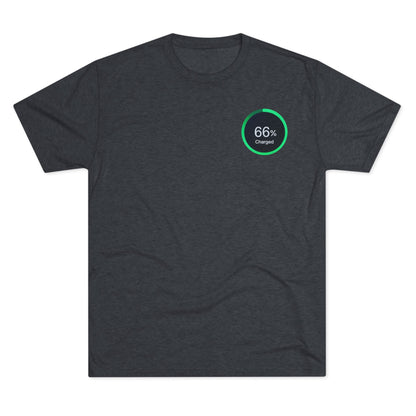 Retro 66% Charged Tri-Blend Tee, showing a vibrant green circular battery gauge reading “66% Charged” 