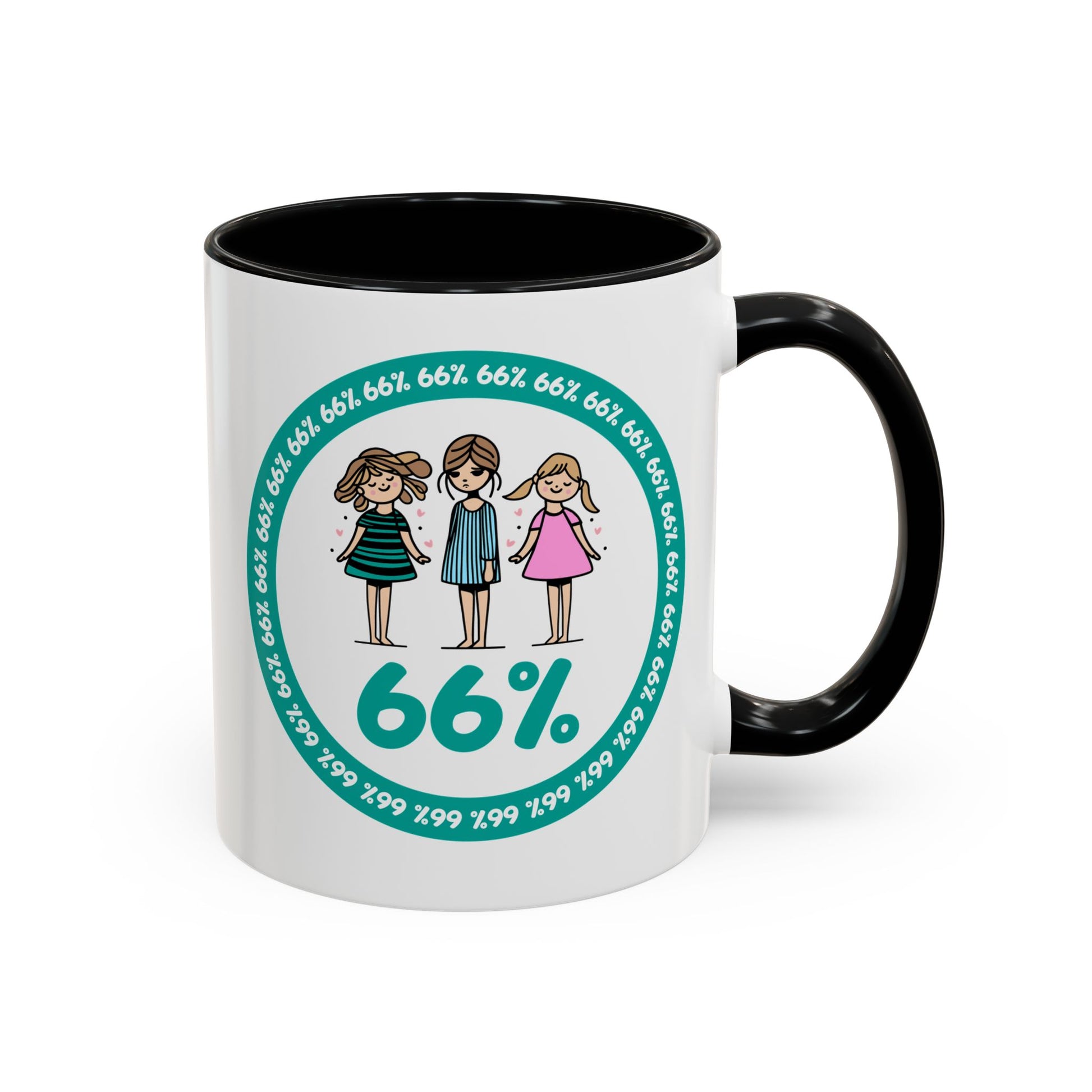 White 66% coffee mug with black handle, featuring three cute daughter illustrations in teal and pink—perfect gift for parents of three kids