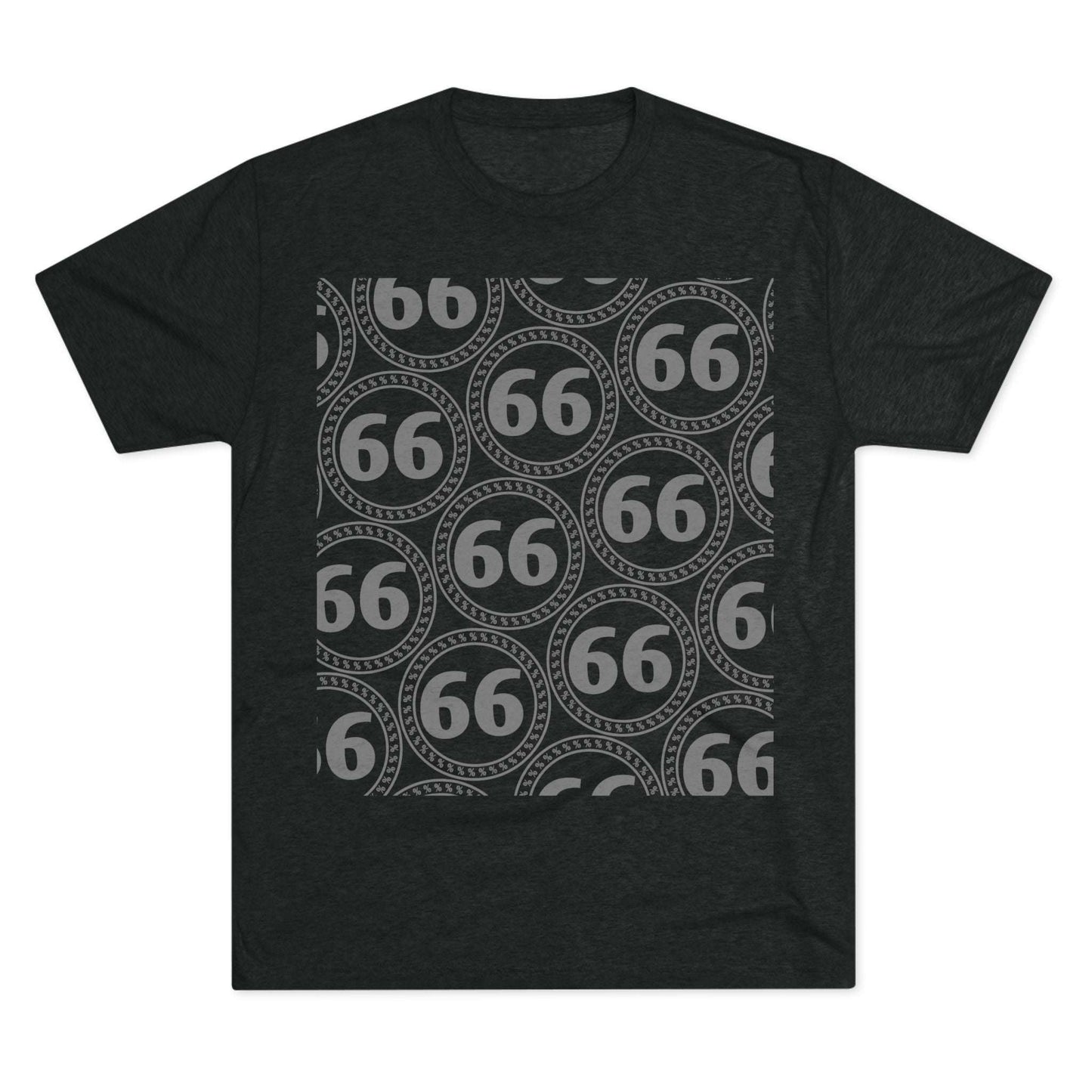 Retro 66% Pattern Tee— tri-blend graphic t-shirt flat-lay, repeating 66 circle pattern, casual vintage style.