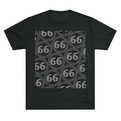 Retro 66% Pattern Tee— tri-blend graphic t-shirt flat-lay, repeating 66 circle pattern, casual vintage style.
