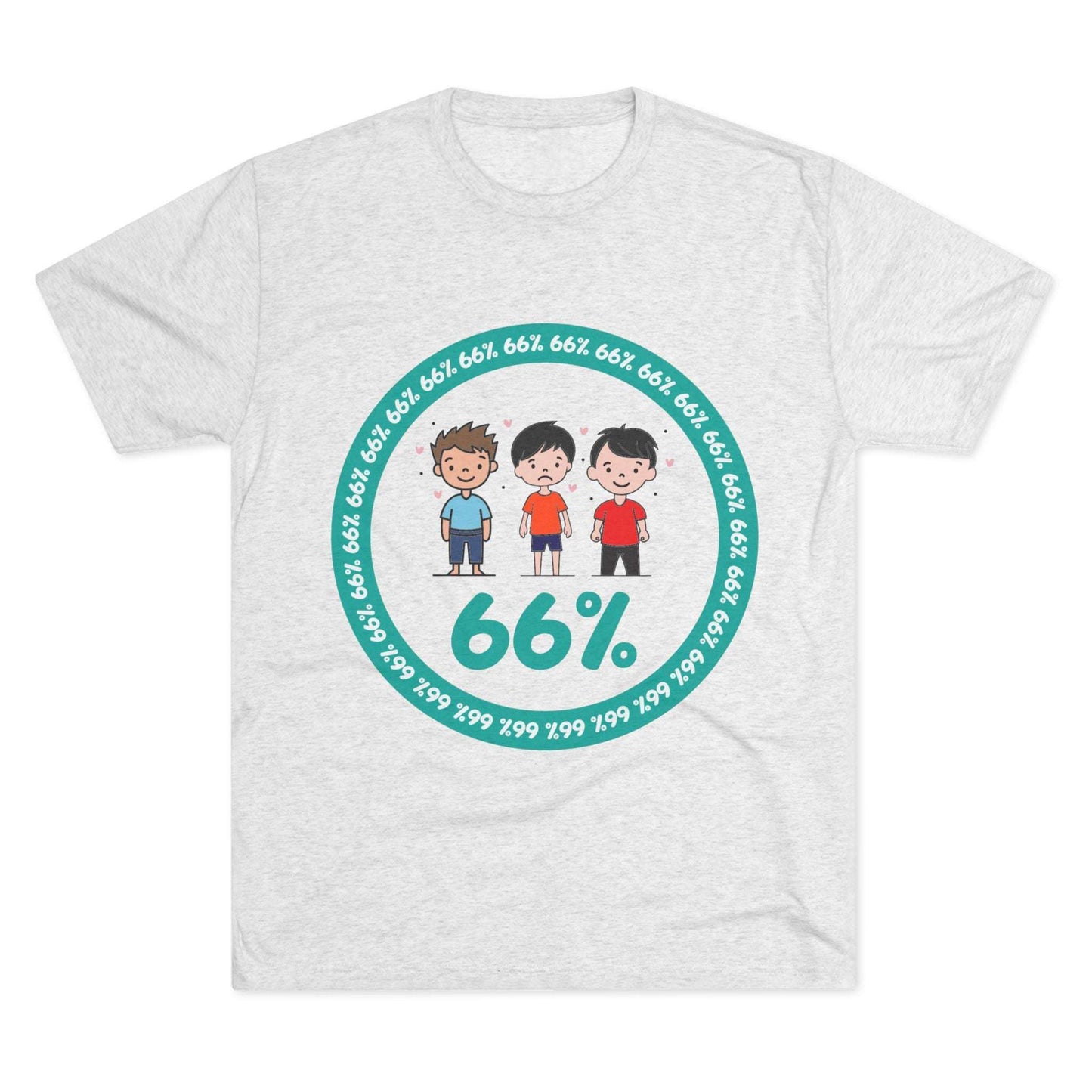 Flat-lay of tri-blend tee with three cartoon boys inside a teal 66% circle and repeating 66% border