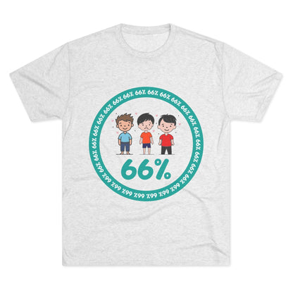 Flat-lay of tri-blend tee with three cartoon boys inside a teal 66% circle and repeating 66% border