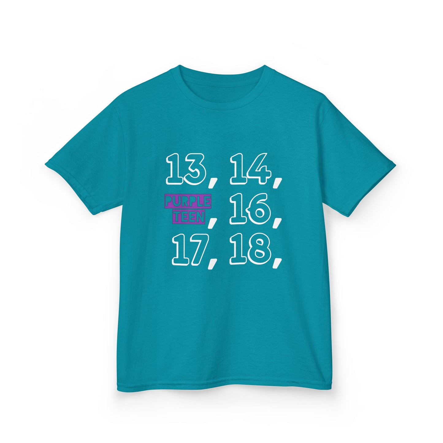 Blue t-shirt with numbers printed on a white background