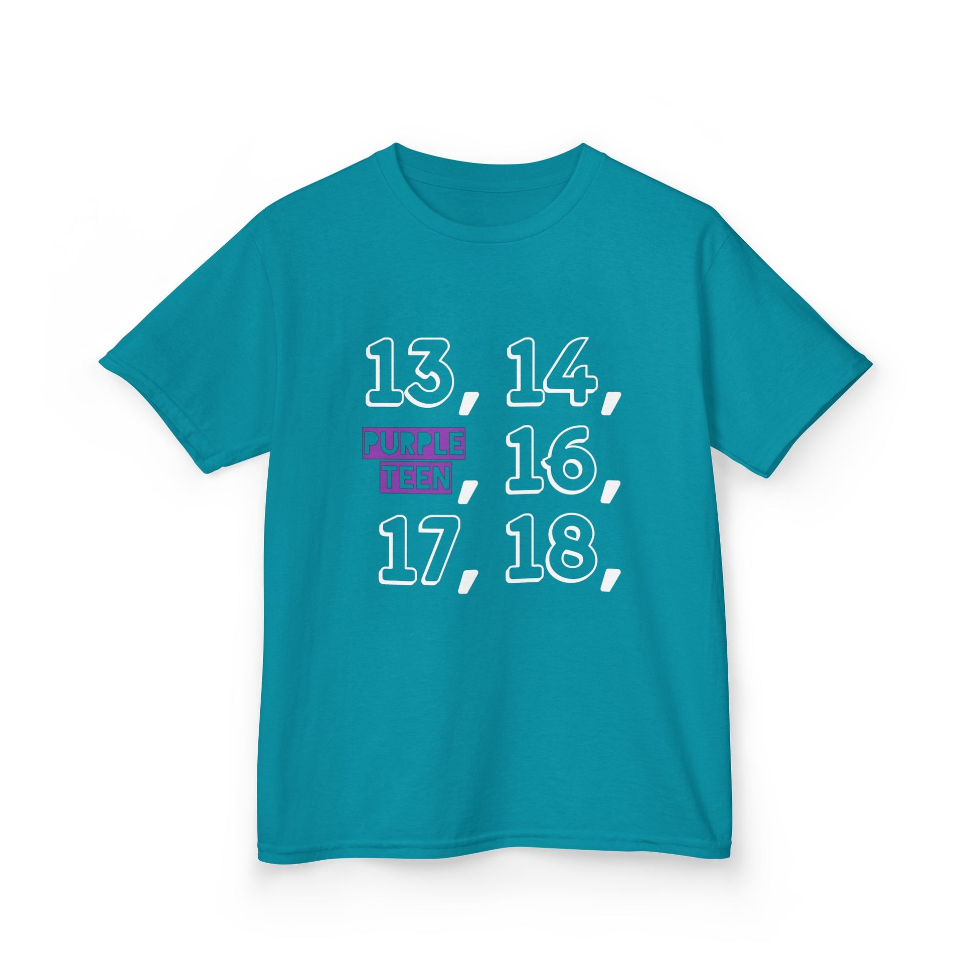 Blue t-shirt with numbers printed on a white background