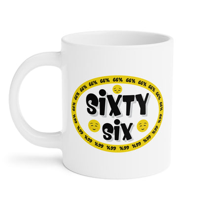 Graphic mug showing ‘Sixty Six’ in bold black type surrounded by a yellow border of small ‘66%’ repeats, with 2 cheerful emoji faces and 1 sad face.