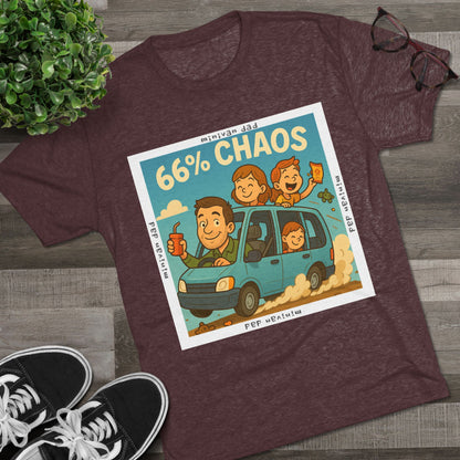 Cartoon dad driving minivan with three excited kids and snacks flying, “66% Chaos” design on dark heather tee – 66 Percent parenting apparel