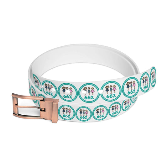 A white adjustable belt featuring a bronze buckle and a pattern of teal circles, each enclosing three stick-figure kids and the number ‘66%’.