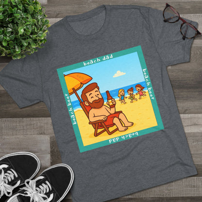 Beach Dad drinking beer on the sand with kids playing – 66% Tri-Blend Tee