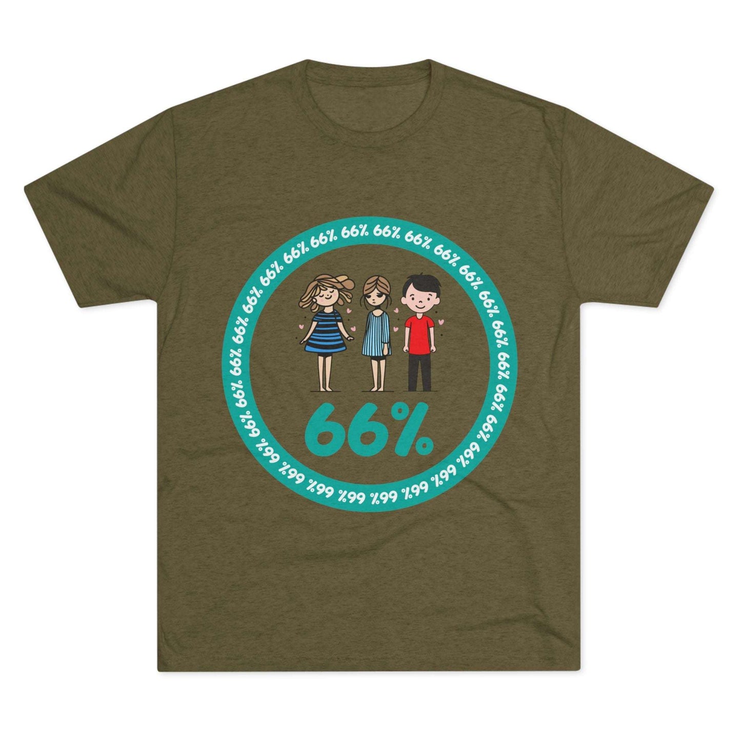Flat-lay of tri-blend tee with two cartoon girls and one boy inside a teal 66% circle and repeating 66% border