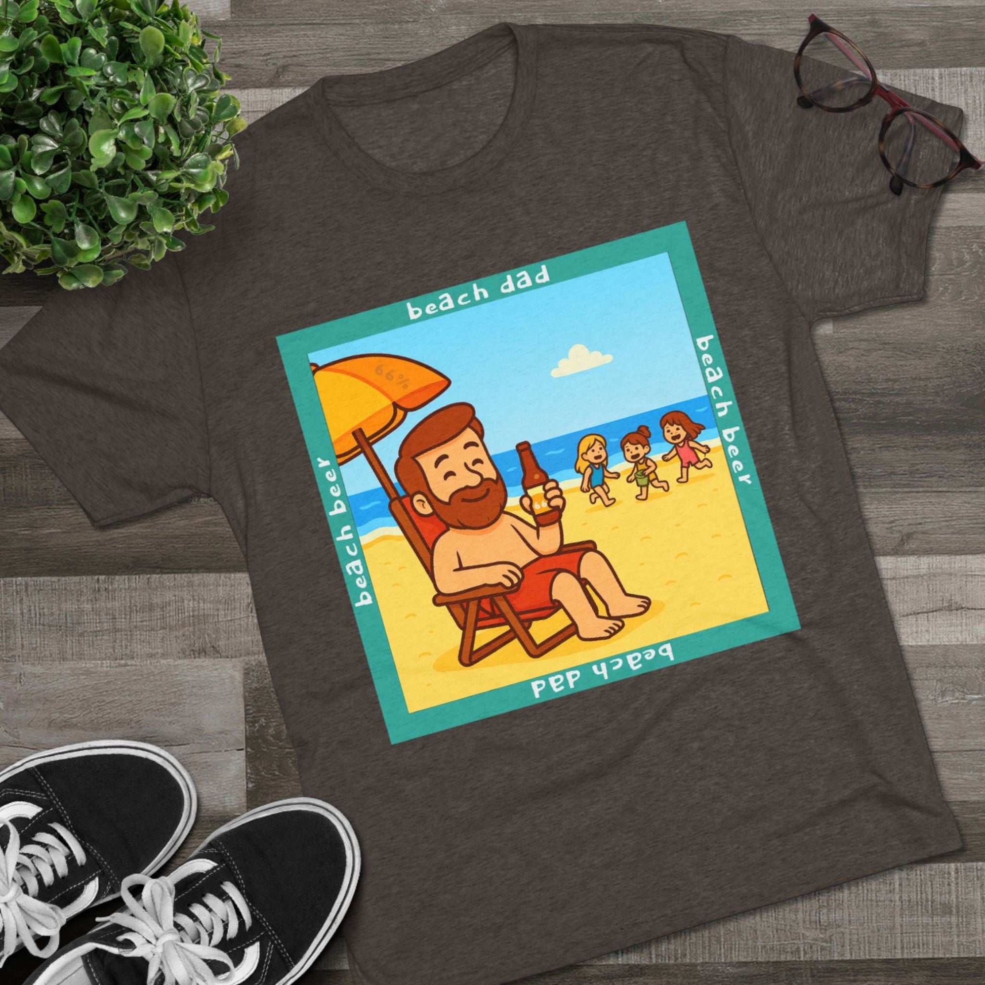 Beach Dad drinking beer on the sand with kids playing – 66% Tri-Blend Tee