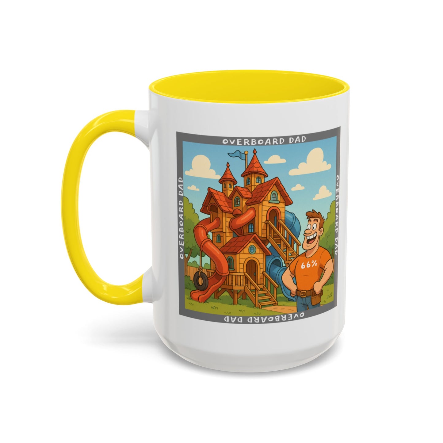 White ceramic mug printed with a cartoon dad wearing a ‘66%’ shirt standing beside a multi-level wooden playhouse with twisting slides, framed by the text ‘OVERBOARD DAD’.