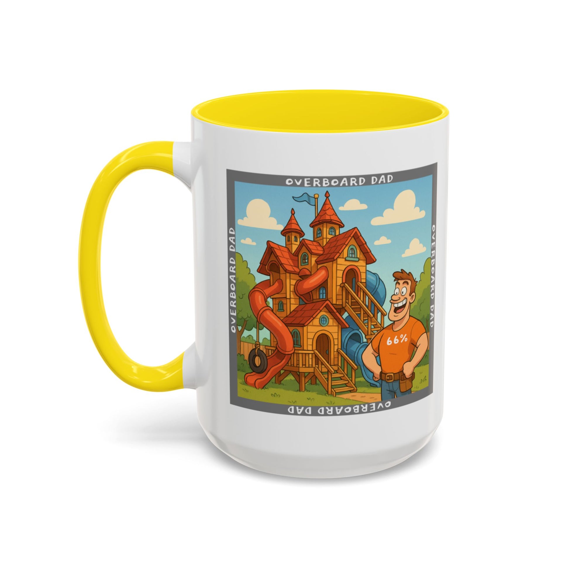 White ceramic mug printed with a cartoon dad wearing a ‘66%’ shirt standing beside a multi-level wooden playhouse with twisting slides, framed by the text ‘OVERBOARD DAD’.