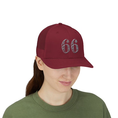 Mesh-back trucker hat with distressed ‘66’ printed on the front panel